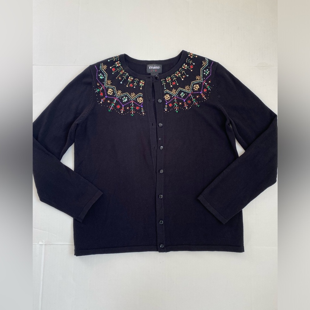 Designers Originals Studio Joy Black Beaded Embroidered Cardigan Sweater Medium
